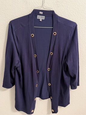 JM Collection Navy Open-Front Cardigan with Gold Eyelets